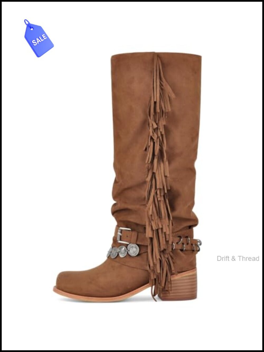 Women's Knee High Riding Boots Fringe Buckle Strap Suede Chunky Heel Square Toe